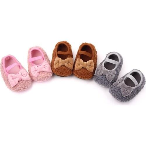 Cute Bowknot Baby Shoes Plush Solid Color Non Slip Newborn Girl First Walkers Spring Autumn Soft Sole Infant Toddler Shoes