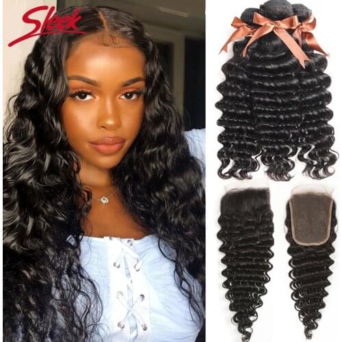 Sleek Loose Deep Wave 3 Bundles With Closure Pre plucked Brazilian Human Hair Bundles With Closure Natural Remy Swiss Lace