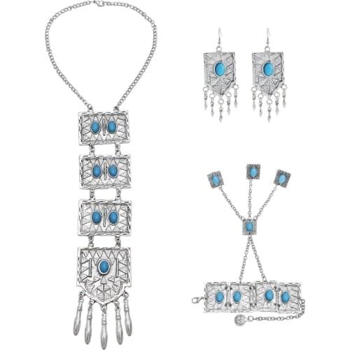 Vintage Silver-color Metal Red blue Stone Necklace Bracelet Earrings Sets for Women Bohemian Gypsy Party Gift Ethnic Jewelry Set