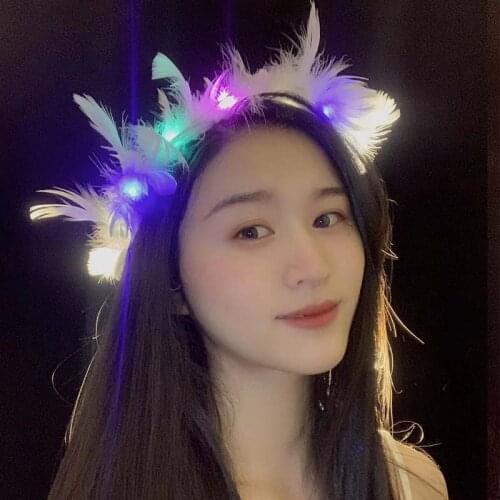 10pcs LED White Feather Head Garland Hairband Wreath Ladies Girl Angel Hen Night Fancy Dress Party Glow Headband Battery Include