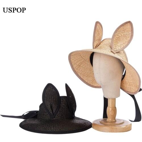 USPOP Summer Sun hats New Ears Bowknot Hand-made Raffia Straw Hat without Crown Outdoor sunscreen straw hat for children S 54CM