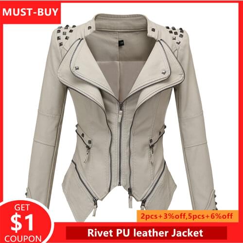 Women PU Leather Jacket Plus Size Casual Goth Punk Motor Lady Slim Zipper Rivet Pocket Autumn Female Fashion Winter Coat Black
