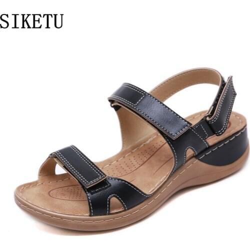 SIKETU 2020 summer new style soft leather womens sandals ladies outdoor sandals wedge heel increased non-slip beach sandals