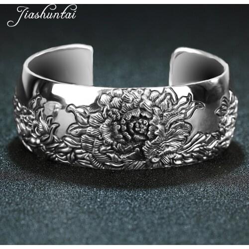 JIASHUNTAI Retro 925 Sterling Silver Bangles For Women Lotus Flower Vintage Silver Jewelry Female Handmade Opening