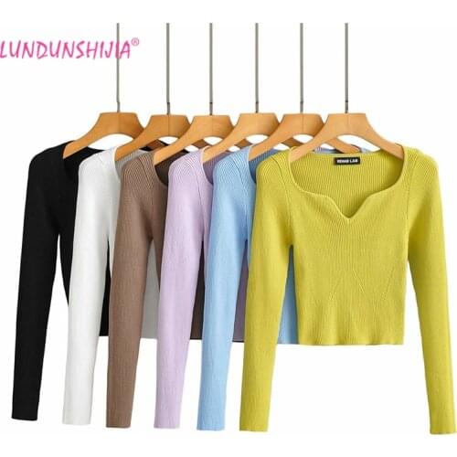LUNDUNSHIJIA 2020 Autumn Women Peach Heart Collar Short Slim Long Sleeve Pullovers Women Sexy Ribbed Knitting Sweaters Tops