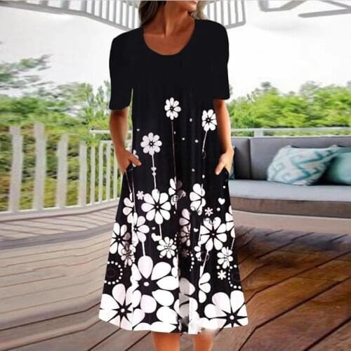 2021 Summer Dress Women Flower Print Casual Beach Dresses For Women O-neck Pocket Short Sleeve Sundress Dress Plus Size S-3XL