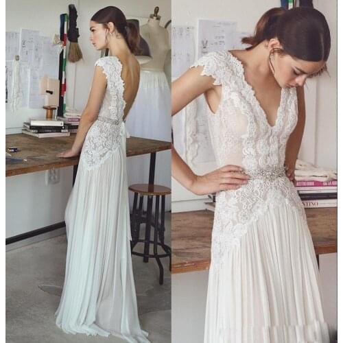 2019 New Chiffon Wedding Dress Sexy V Neck Backless A Line Bridal Gowns Vestido De Novia Lace 2019 Luxury Wedding Dresses