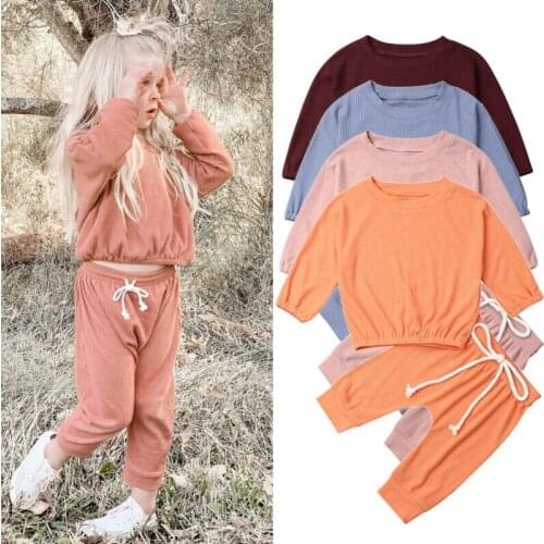 2019 New Autumn Infant Baby Girl Clothes Solid Color Tops T-shirt Long Pants Tracksuit Outfit 4 color Sports wear