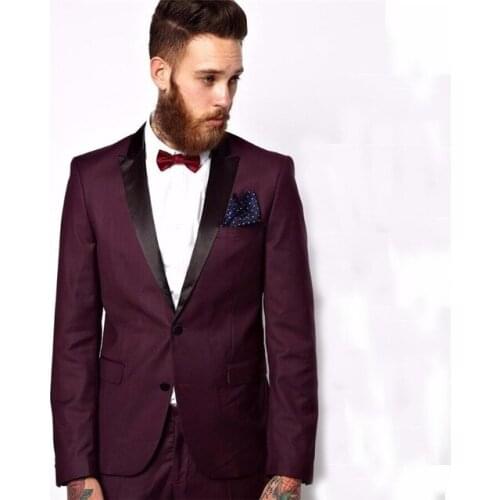 2021 Groomsmen Peaked Black Lapel Groom Tuxedos Burgundy Mens Suit Wedding Best Man Jacket+Pants high quality Suits
