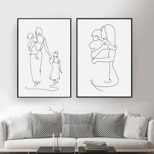 Mother Daughters and Son Art Line Drawing Posters Abstract Minimalist Wall Art Canvas Painting Print Moder wall Decor Pictures