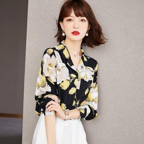 Autumn Korean Fashion Women Floral Printing Chiffon Blouses Elegant Female Slim Lapel Shirt Tops Blusa