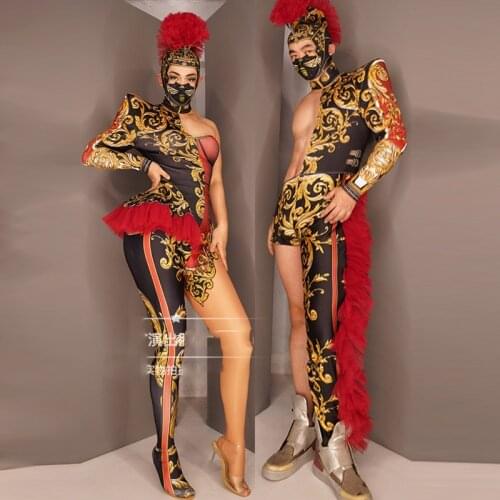 Vintage Printing Bodysuit Women men Stage Dance Jumpsuit Costume Cosplay Halloween nightclub Singer Show performance DWY4642
