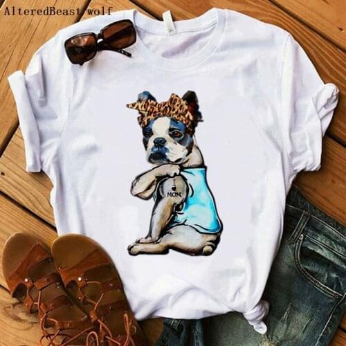 Boston Terrier I Love Mom Tshirt Women Harajuku Leopard Print Bandana Mom O-neck T Shirt Short Sleeve Women Casual T-shirt 2020