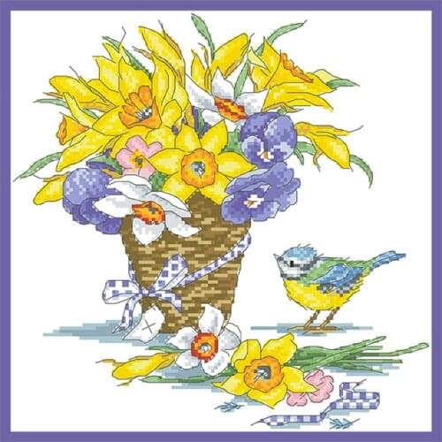 Flowers and Bird Counted Cross Stitch Pattern Embroidery Kits Printed Canvas 11CT Diy Needlework 14CT Handmade Crafts Home Decor