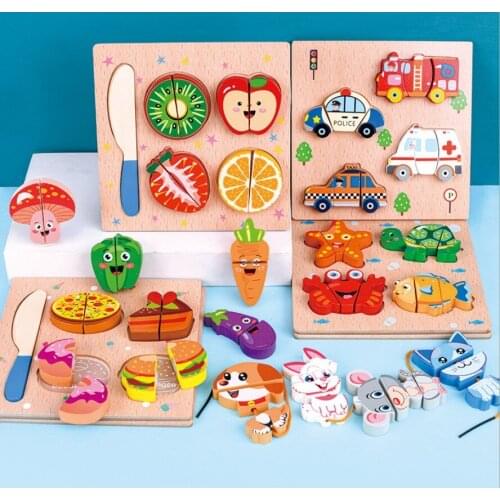 Wooden Cuting Beaded Puzzle Toy Montessori Children Early Education Cut Fruits Vegetables Traffic 3D Puzzle Beads Play House Toy