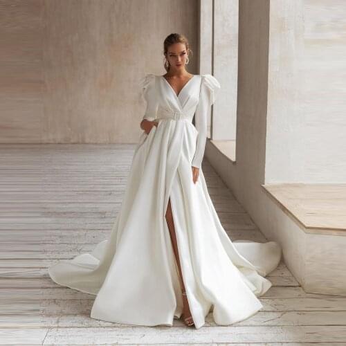 Elegant Bridal Wedding Dresses Puffy Long Sleeves High Slit With Long Train V Neck Ruffles Plus Size Wedding Gown