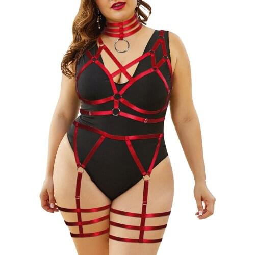 Erotic Body Harness Garter Belt Plus Size For Fat Ladies Full Cage Hollow Out Frame Strappy Bra Set Punk Goth Rave Clothing