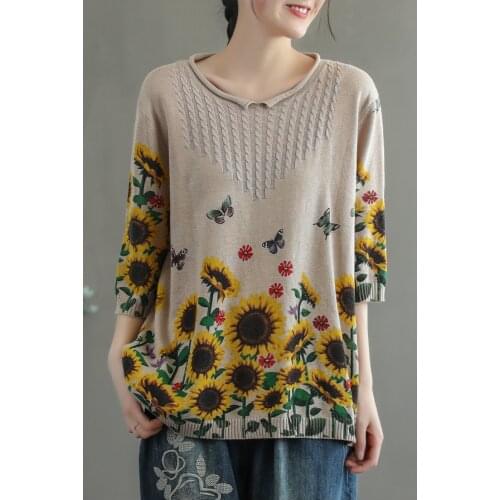 Spring Summer Knit Tshirts Women Print Sunflower Loose Half Sleeve hemming Tide Female Fashion Tops