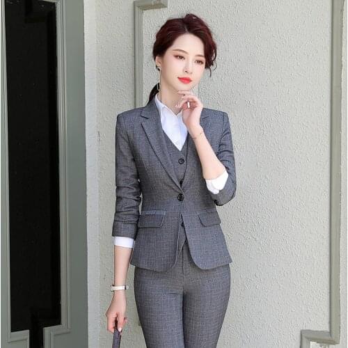 IZICFLY Autumn Winter New Style Gray Plaid Office Suites For Women Blazer With Pants Business Trouser Set 2 Piece Outfits Work
