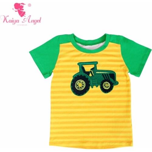Kaiya Angel Baby Boy Girls Summer Clothes Cartoon Tractor Character Kids T-shirt Green Sleeve Striped Tops Accpet Custom Style