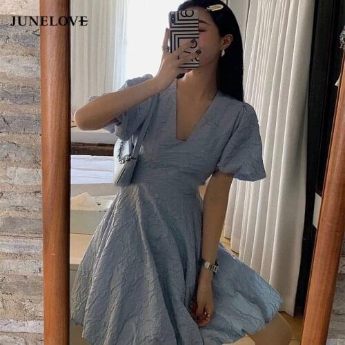 JuneLove 2021 Summer V-Neck Puff Sleeve Mini Dress Vintage New Women French Vestidos Casual Street Lady Princess Party Dress