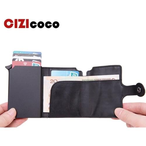 Men RFID Button Credit Card Holder High Quality Metal Aluminum Auto Pop-up RFID ID Card Case Black Wallet Coin Purse