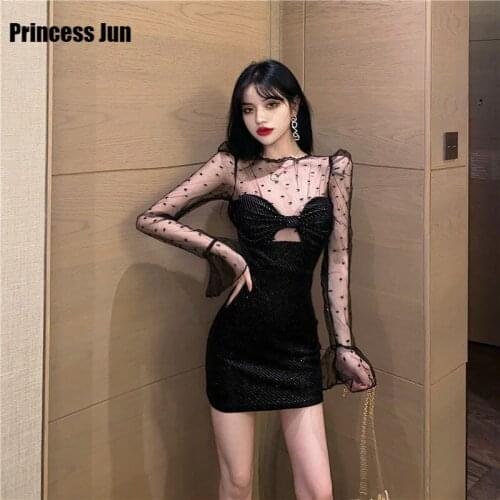 2021 Spring Autumn New Sexy Little Black Dress Sexy Transparent Mesh Stitching Tube Top Slim Dress Bowtie Front Club Mini Dress