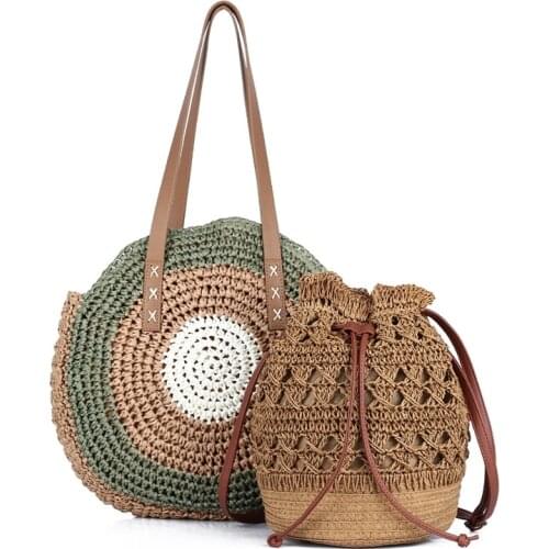 Summer Straw Bag Set for Women Beach Rattan Shoulder Bag with Draw String Small Straw Backpack for Girls