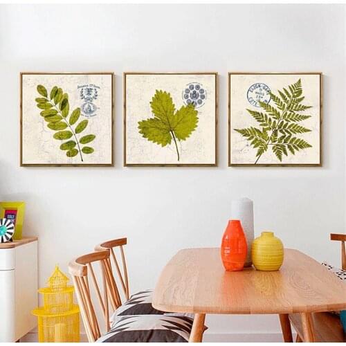 HAOCHU Triptych Europe Letter Postmark Vintage Green Leaves Nordic Wall Poster Canvas Painting Art Craft for Living Room Decor