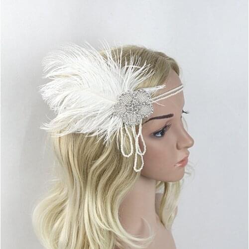 Women Adult White Pearl Beading Diamond 1920s Party Flapper Feather Headband Vintage Look Wedding Headpiece