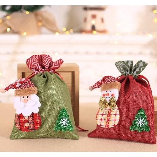 Christmas Linen Gift Bag Home Decoration Santa Claus Snowman Dolls New Year 2022 Festival Ornaments Kids Toys 20*30cm 1pc