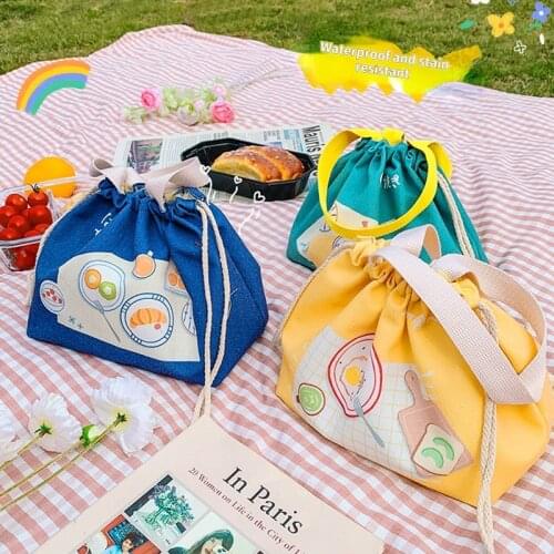 Cute Beam Lunch Bag New Thick Canvas Creative Handbag Large Capacity Lunch Box Storage Bag Portable Drawstring Bento Bag