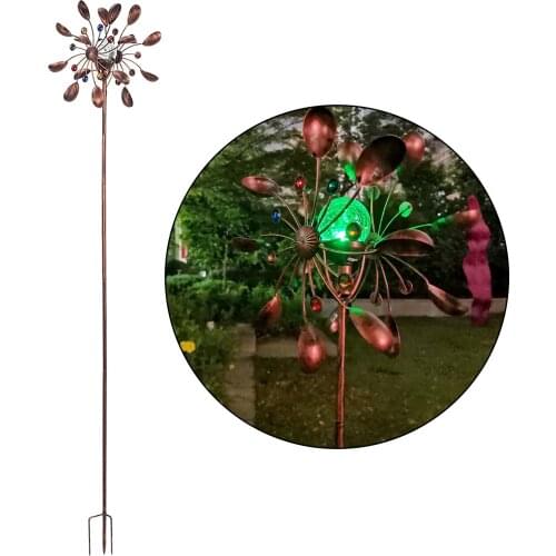 Solar Wind Spinner Outdoor Metal - Dual Direction Glass Ball LED Light Wind-mill, Multi-Color LED Lighting, Yard Garden Decor
