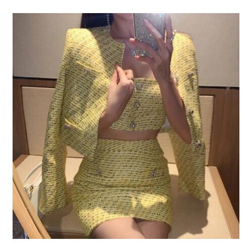 HIGH QUALITY Newest Fashion 2021 Runway suit set Womens O-Neck Sequined Striped Diamonds Buttons Camis Jacket Skirt 3pcs Set