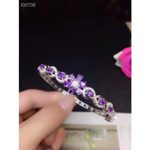 Natural amethyst Bangles Natural purple crystal Bangles S925 silver bracelet luxurious Flower across women party gift jewelry