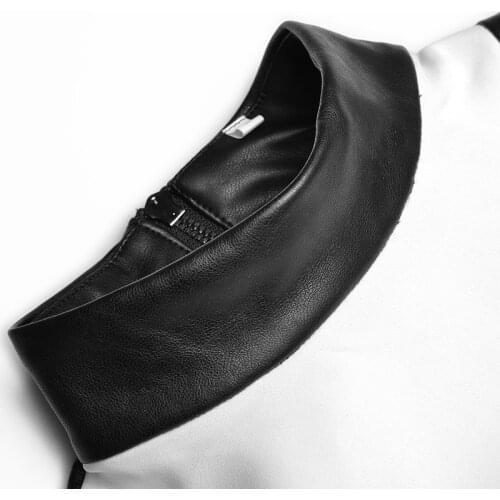 Womens Runway PU Leather Fashion Elegant Long Sleeve Stand Collar Contrast Color Mini Short Slim Bodycon Pencil Dress Clothes