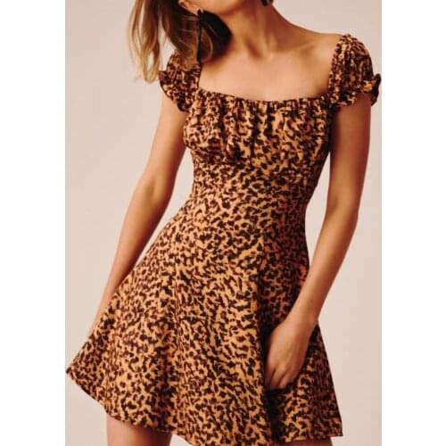 Women Dress Pleated Tube Top Square Neck Leopard Print High Waist Slim Puff Sleeve Dress