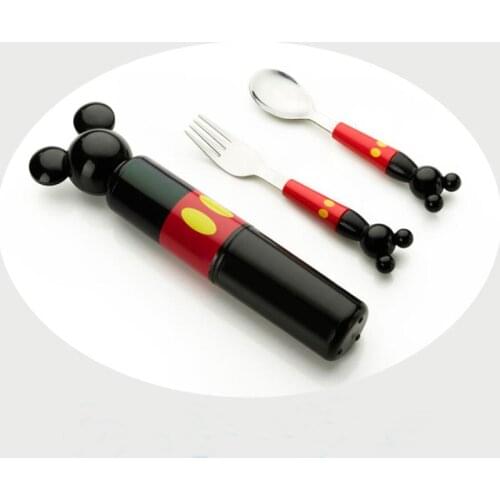2pcs/set Children stereo mickey head stainless steel fork portable baby boxed set tableware consisting training