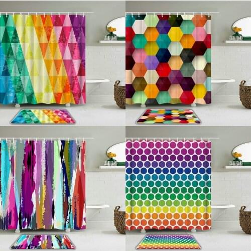 2Pcs/Set Colorful Geometry Pattern Printed Shower Curtain Set Non-slip Bath Mat Waterproof Fabric Bathroom Curtains Decoration