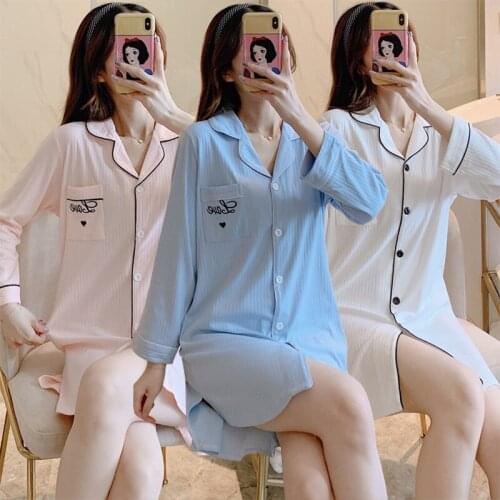 2021 Autumn 100% Cotton Long Sleeve Sexy Mini Dress Nightgown for Women Korean Sleepwear Home Dress Night Gown Nightdress Nighty