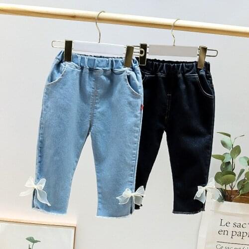 2021 Spring and Autumn Girls Jeans Big Bow Kids Girls Rainbow Rubber Trousers Childrens Light Blue Stretch Jeans Girls Pants