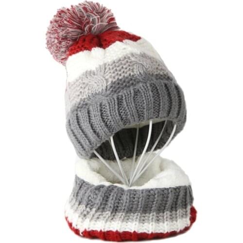 Kids Winter Cable Knit Beanie Hat Scarf Set Pompom Stripes Plush Lined Skull Cap A0NF