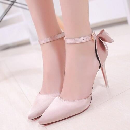 Korean version of the new fashion satin pointed high heels wild sweet bow with hollow stilettos