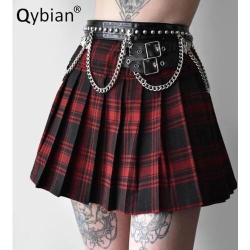 Fashion Hot Sale Women Contrast Red Plaid Pleated Skirt Sexy Cute Kawaii Gothic Skirt Korean Skirt Leather Ribbon Summer Skirt