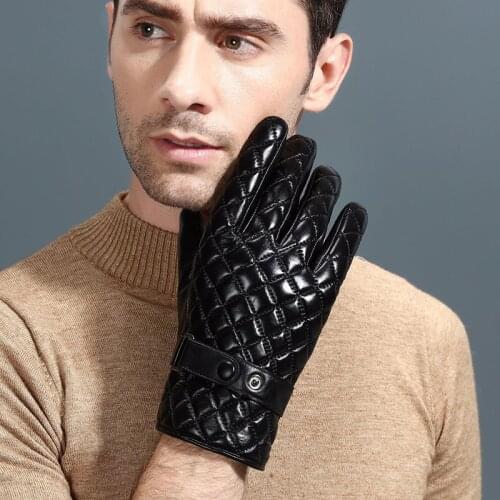 Fashion Mens Genuine Sheepskin Leather Gloves Windproof Diamond Pattern Gloves Warm Lambskin Business Mittens S2438