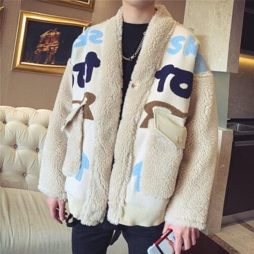 Mens Winter Thick Warm Parkas Coat V-neck Letters Pattern Loose Cashmere Patchwork Outwear Z17