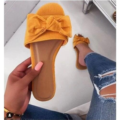 2021 Summer new leisure flat bow sandals womens plus size one-word slippers beach shoes