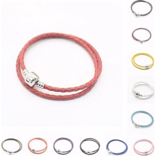 Wholesale 10pcs 3mm/2 laps Genuine Leather with Bare chain silver clip bracelet chain fit european bracelet js1449