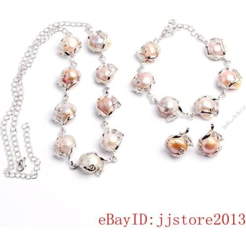 Factory price wholesal Jewelry 12mm Light Purple pink Freshwater Pearl Necklace Earrings Bracelet Jewelry