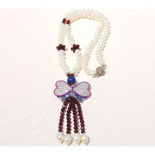 Lii Ji Real Pearl Garnet Tassels Necklace Freshwater Pearl Lapis lazuli Zircon Bowknots Necklace 48cm Women Jewelry Stock sale